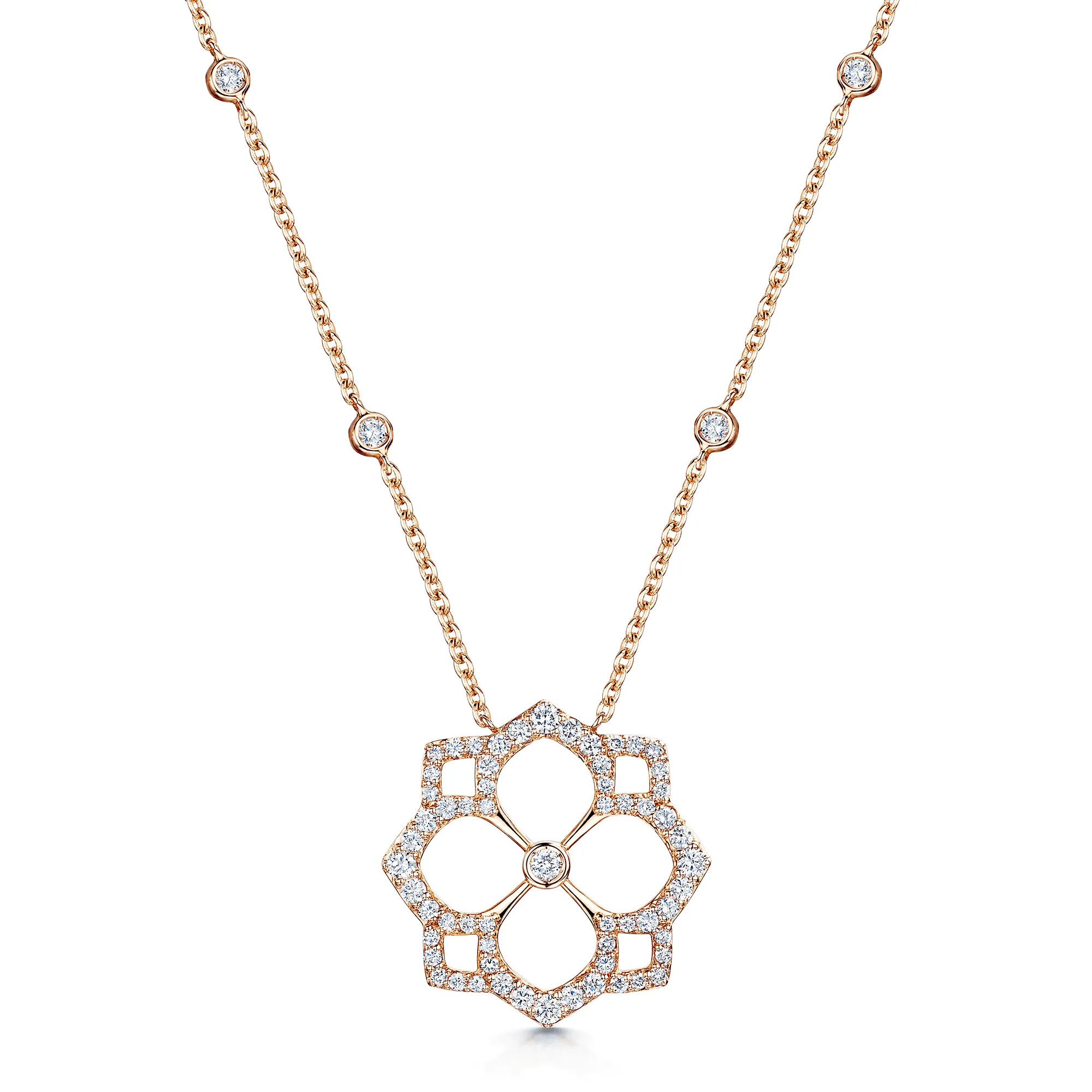 18ct Rose Gold Round Brilliant Cut Diamond Open Flower Pendant