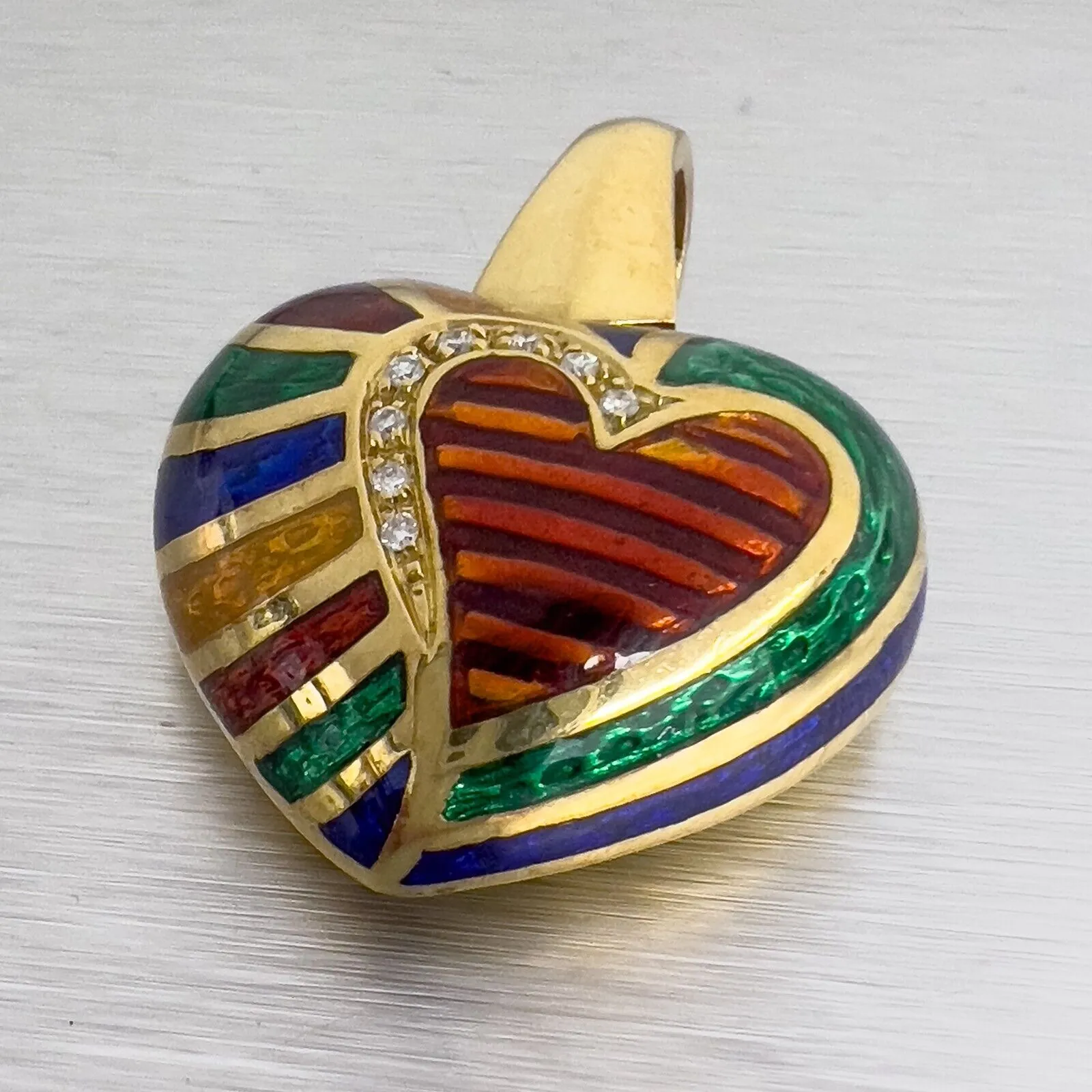 18k Yellow Gold Diamond & Enamel Puffy Heart Enhancer Pendant 0.05ctw 15.5g