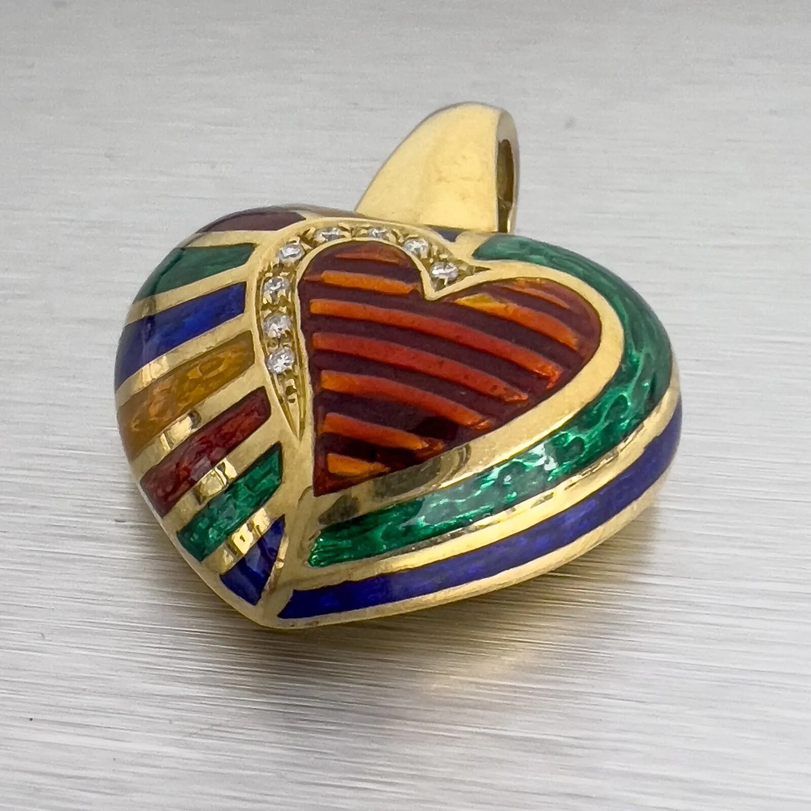 18k Yellow Gold Diamond & Enamel Puffy Heart Enhancer Pendant 0.05ctw 15.5g