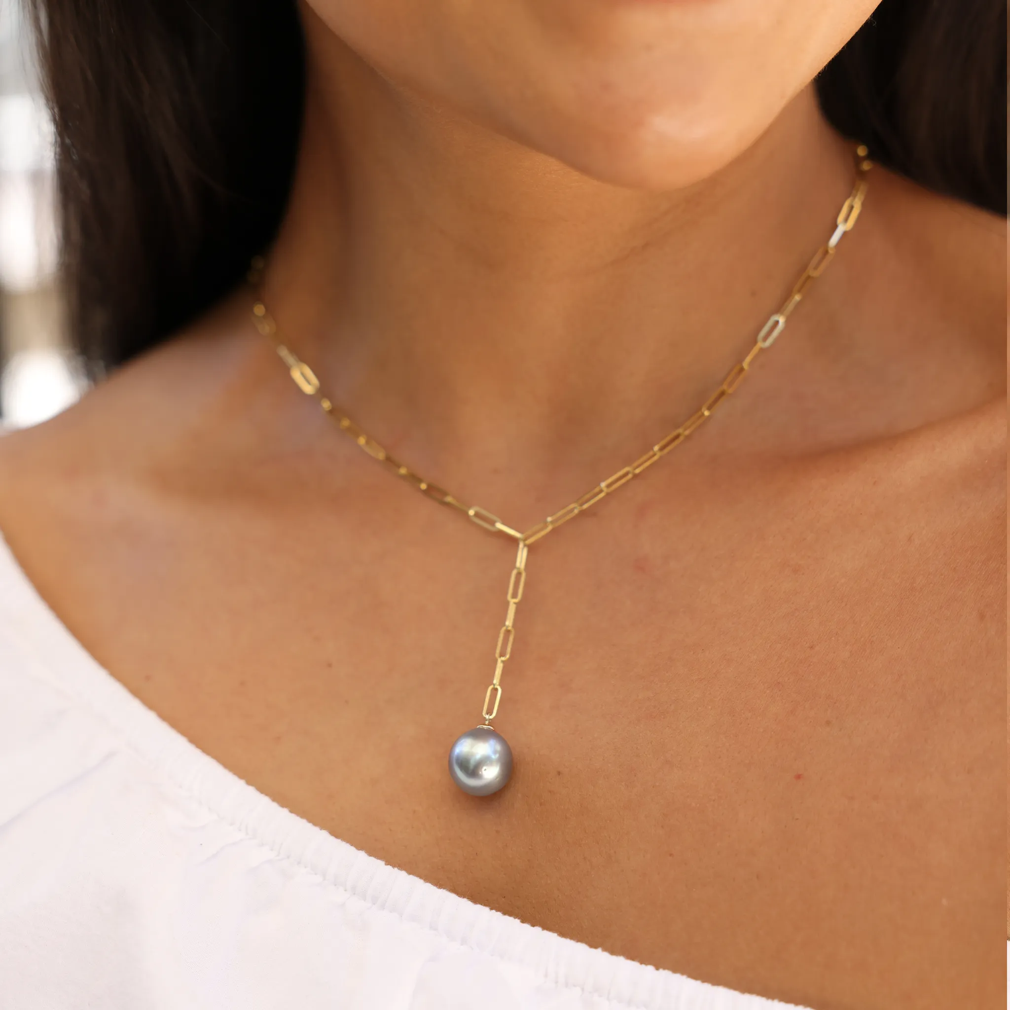 18" Tahitian Black Pearl Y Necklace in Gold - 12-14mm