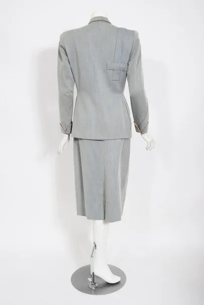 1940's Gilbert Adrian Light Blue Gabardine Asymmetric Noir Jacket Suit