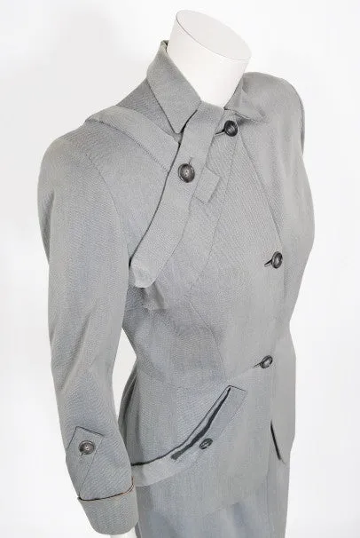 1940's Gilbert Adrian Light Blue Gabardine Asymmetric Noir Jacket Suit