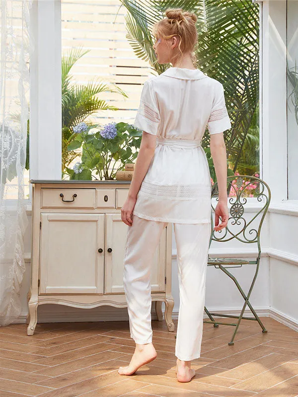 2Pcs Lace Patchwork Lapel Short Sleeve Loungewear