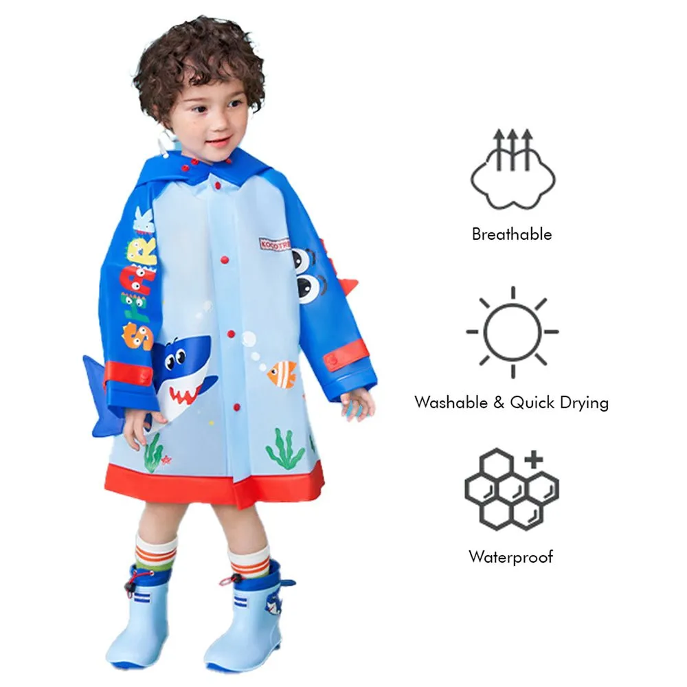 3d Applique Blue Shark Sleeves, Kids Raincoat