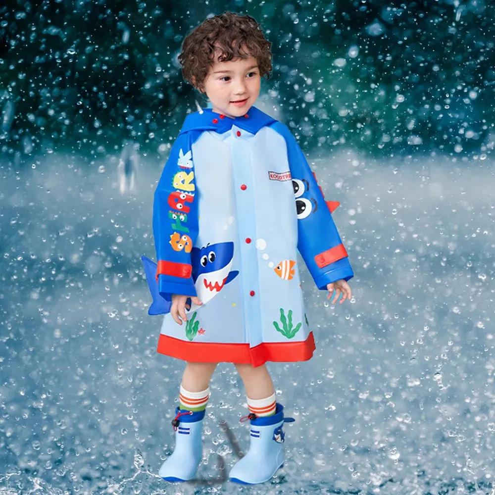 3d Applique Blue Shark Sleeves, Kids Raincoat