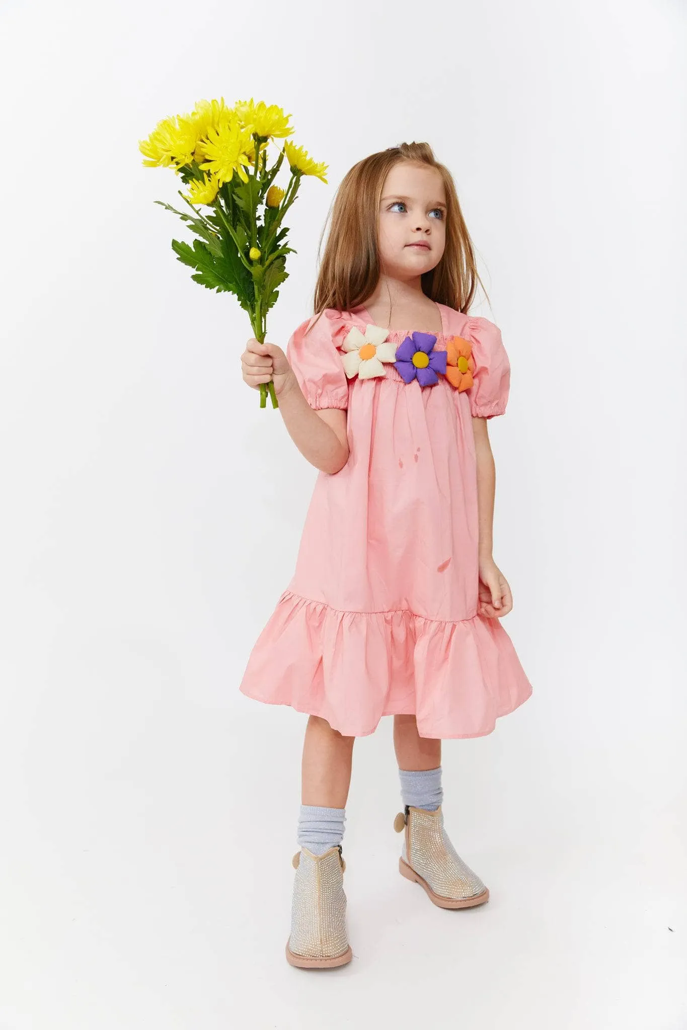 3D Flower Puffy Sleeve Dress