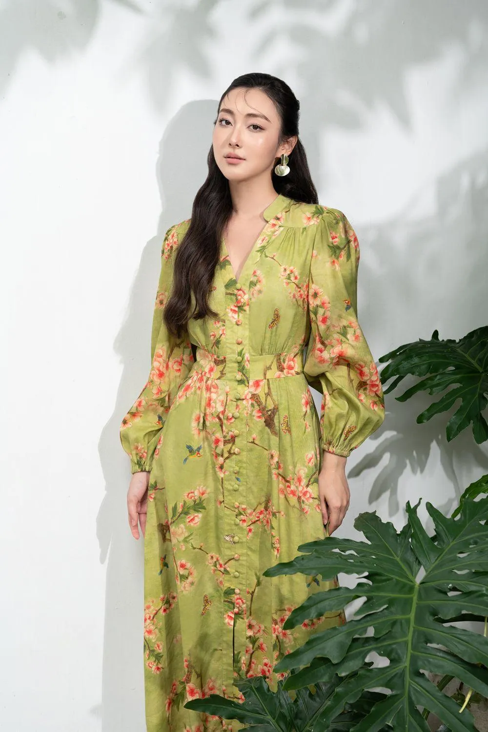 Adriel A-line Puffy Sleeved Linen Midi Dress