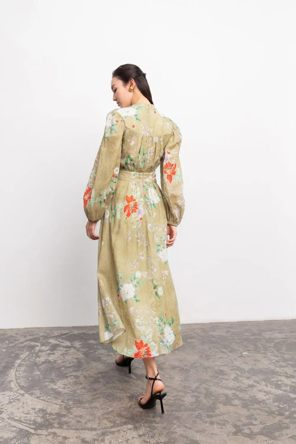 Adriel A-line Puffy Sleeved Linen Midi Dress