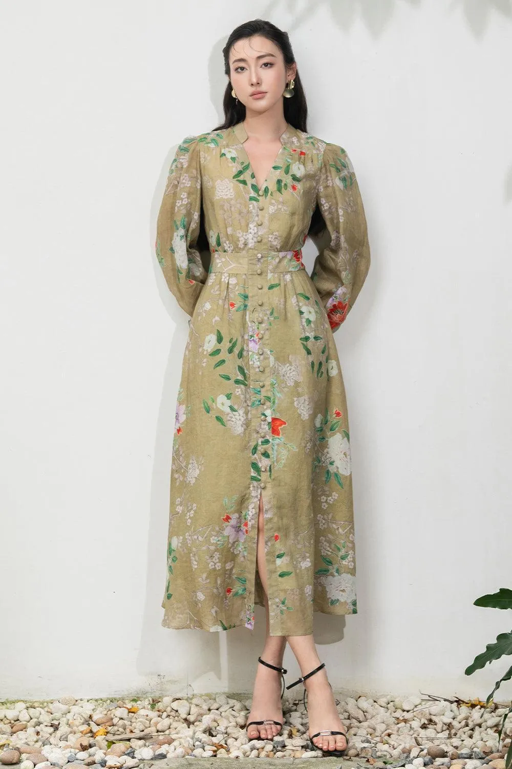Adriel A-line Puffy Sleeved Linen Midi Dress