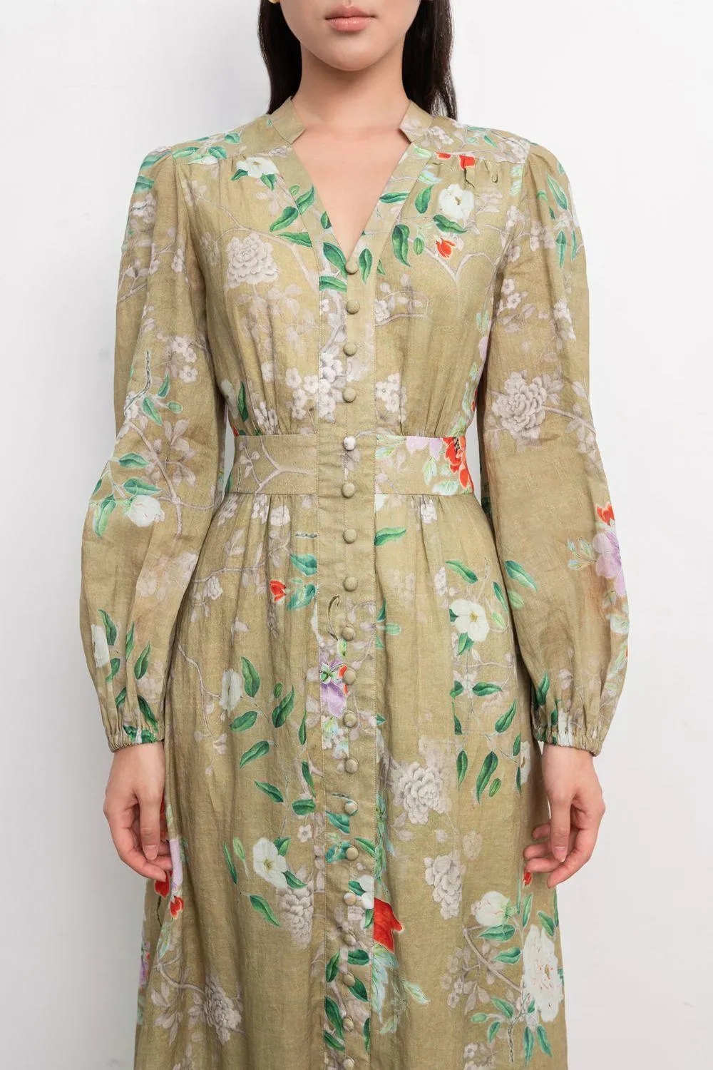 Adriel A-line Puffy Sleeved Linen Midi Dress