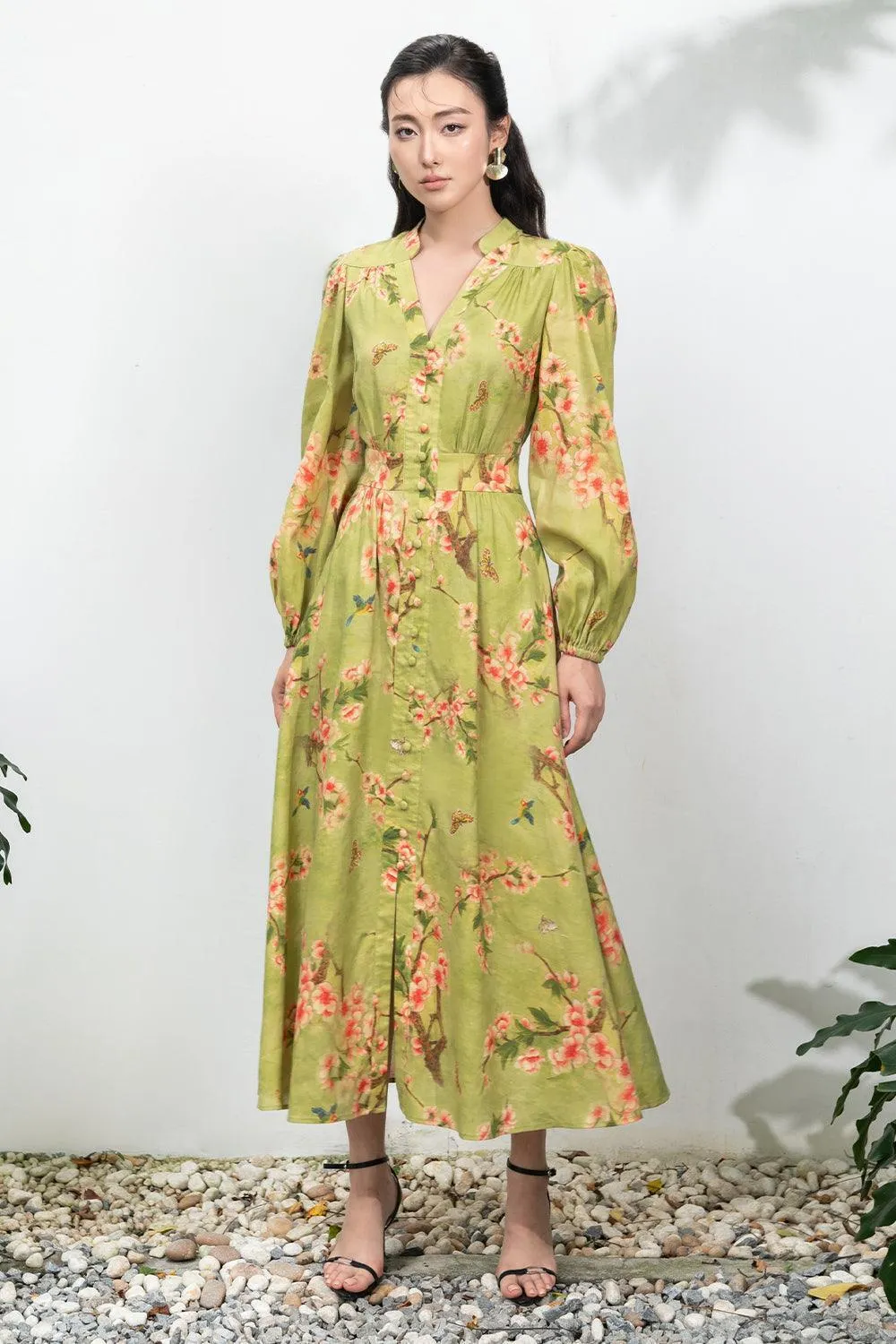 Adriel A-line Puffy Sleeved Linen Midi Dress