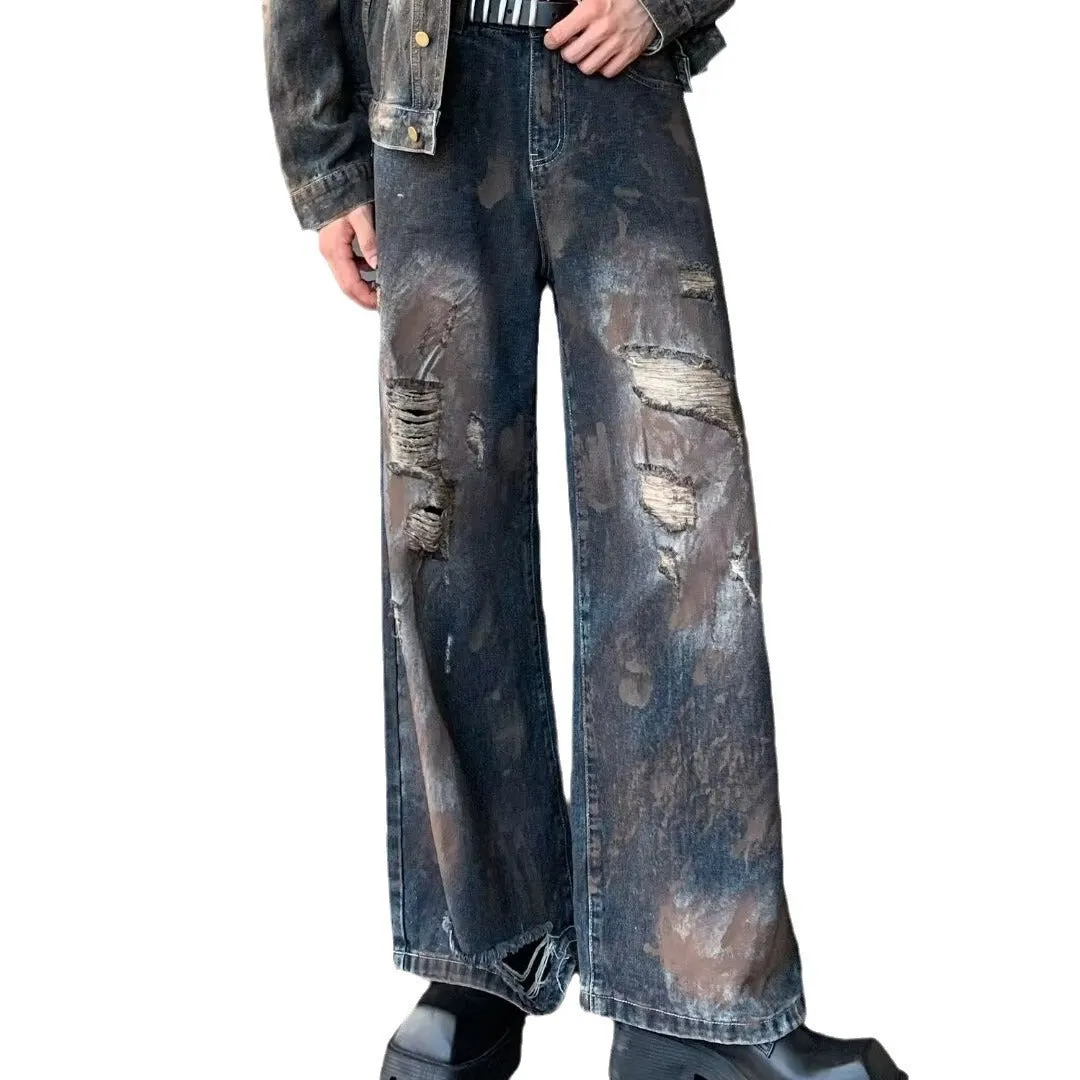 Advbridge frat outfits Autumn 2024 Paint Distressed Denim Jacket Ripped Denim Trousers Men's Loose Suit American Men's Clothing