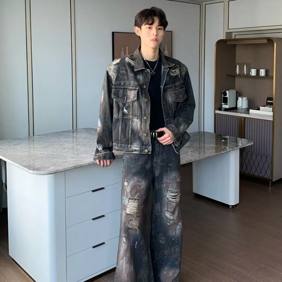 Advbridge frat outfits Autumn 2024 Paint Distressed Denim Jacket Ripped Denim Trousers Men's Loose Suit American Men's Clothing