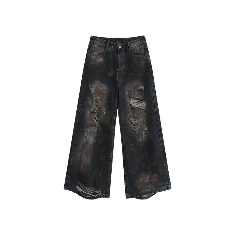 Advbridge frat outfits Autumn 2024 Paint Distressed Denim Jacket Ripped Denim Trousers Men's Loose Suit American Men's Clothing