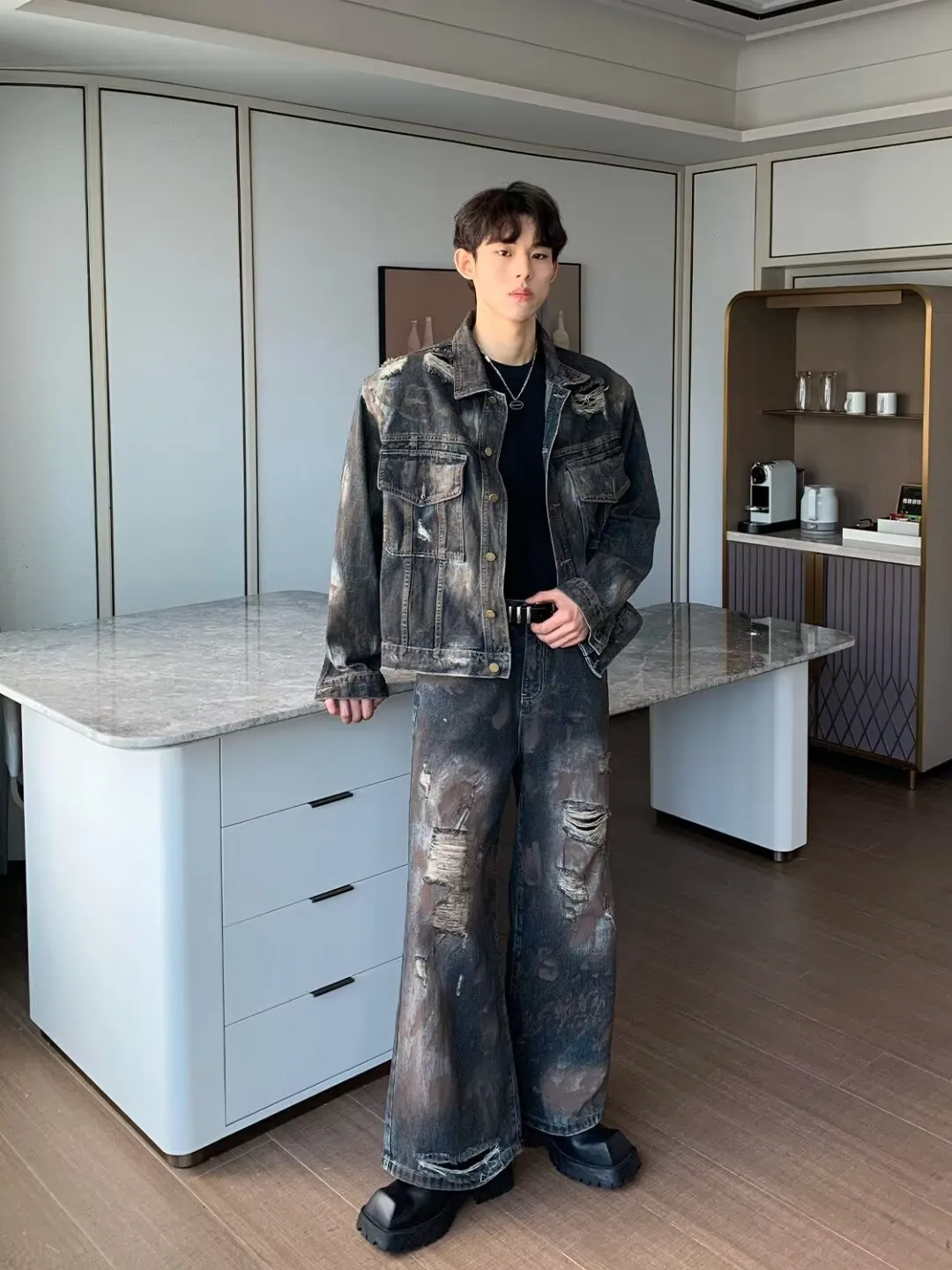 Advbridge frat outfits Autumn 2024 Paint Distressed Denim Jacket Ripped Denim Trousers Men's Loose Suit American Men's Clothing