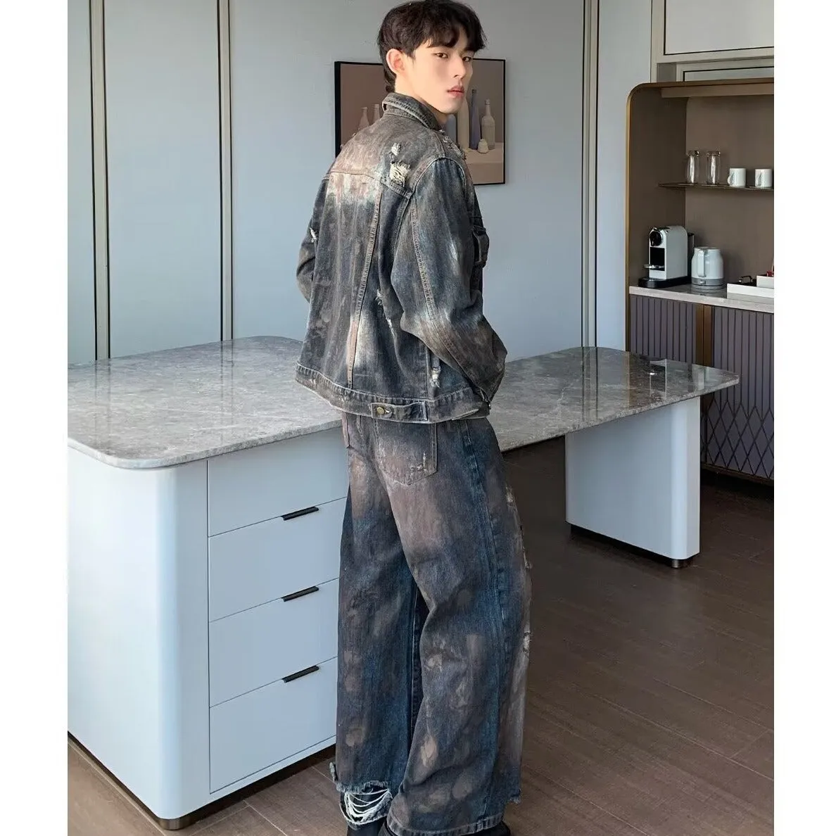 Advbridge frat outfits Autumn 2024 Paint Distressed Denim Jacket Ripped Denim Trousers Men's Loose Suit American Men's Clothing