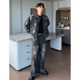 Advbridge frat outfits Autumn 2024 Paint Distressed Denim Jacket Ripped Denim Trousers Men's Loose Suit American Men's Clothing