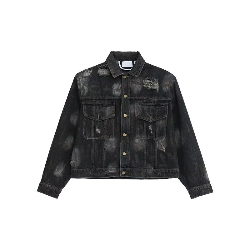 Advbridge frat outfits Autumn 2024 Paint Distressed Denim Jacket Ripped Denim Trousers Men's Loose Suit American Men's Clothing