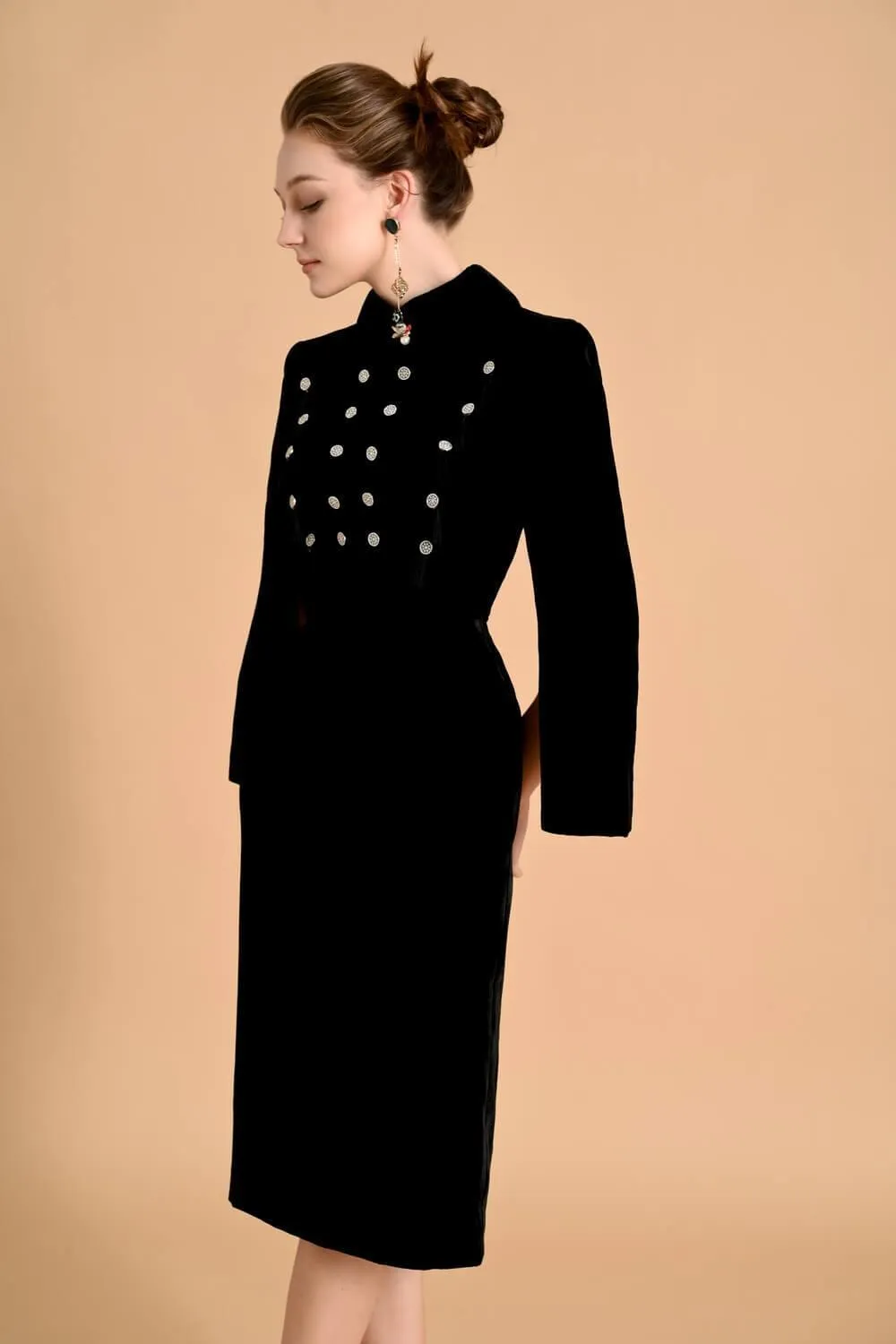 Atkins Cape Collared Neck Velvet Midi Dress