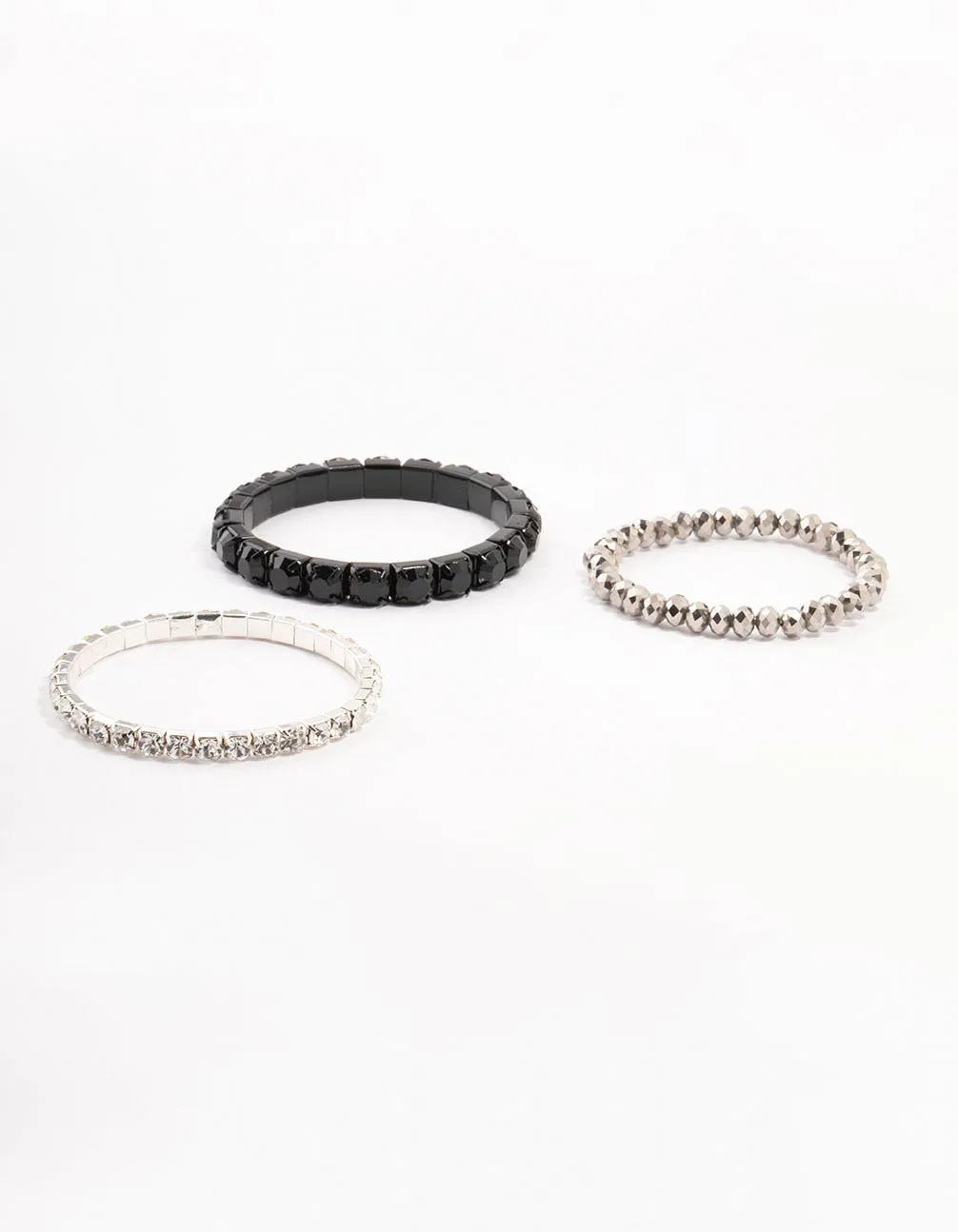 Black & Rhodium Plaited Stretch Bracelet 3- Pack