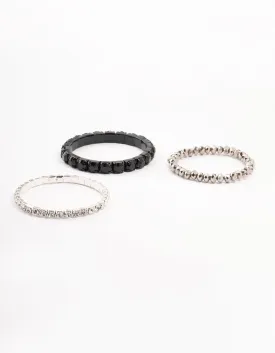 Black & Rhodium Plaited Stretch Bracelet 3- Pack