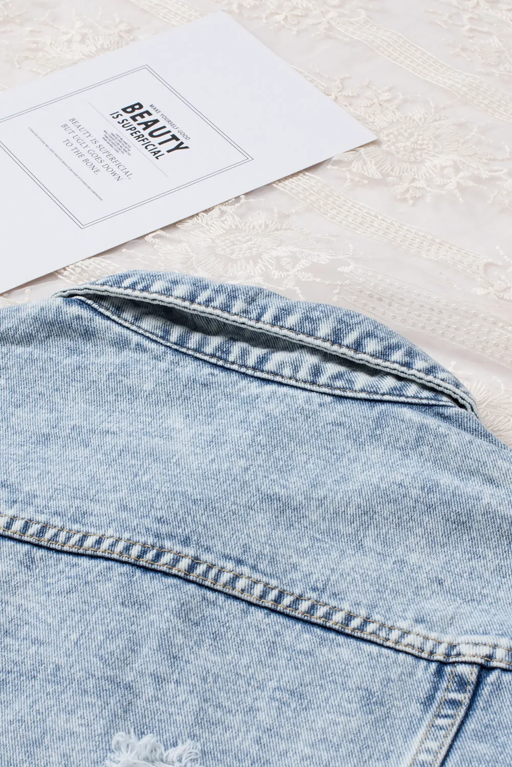 Blue Lapel Distressed Raw Hem Buttons Denim Jacket