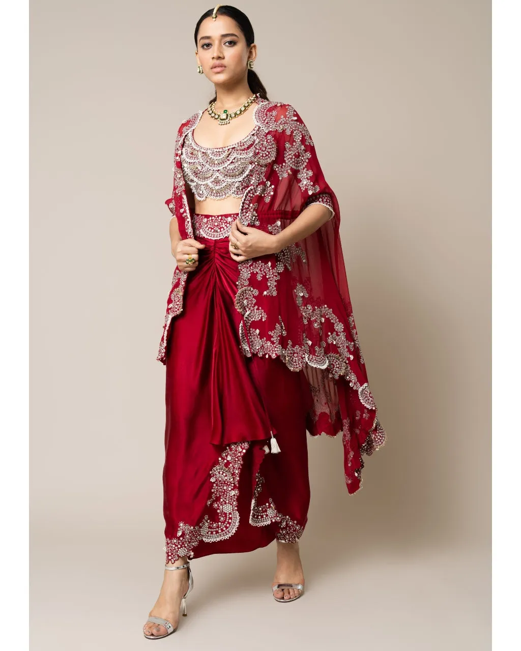 Burgundy Cape With Blouse & Skirt Set