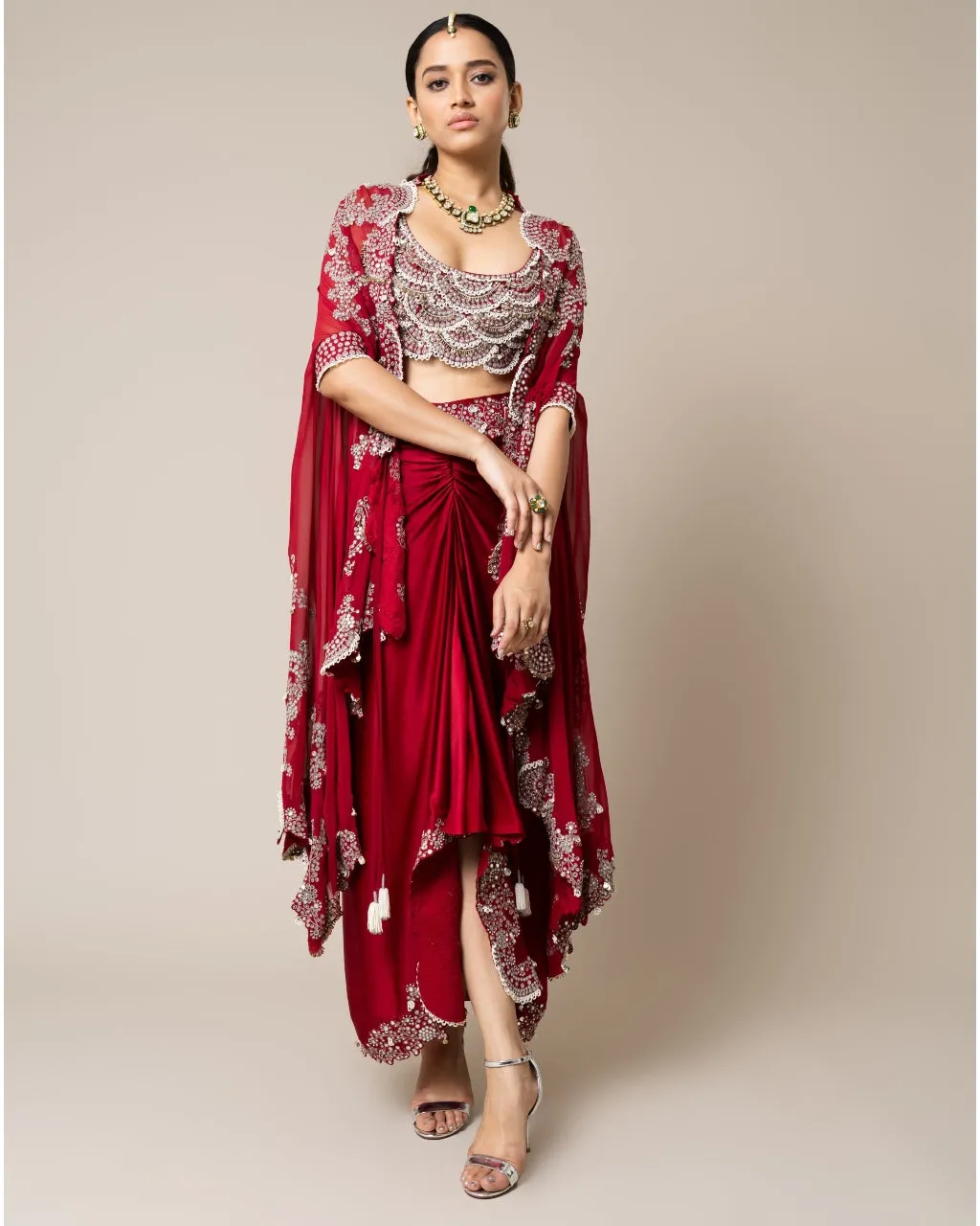 Burgundy Cape With Blouse & Skirt Set