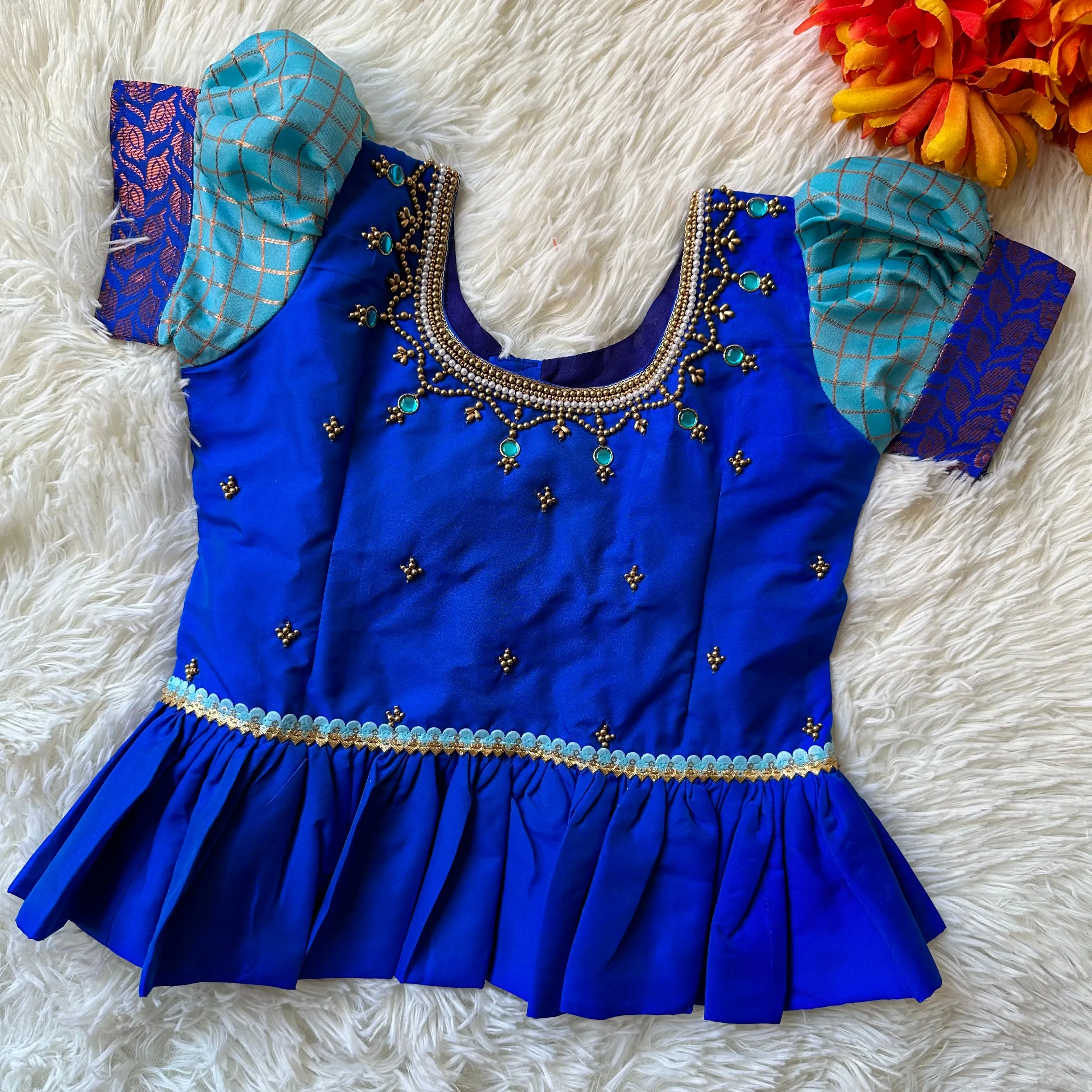 Chic Comfort: Semi Silk Sky Blue Checked Skirt & Royal Blue Peplum Top