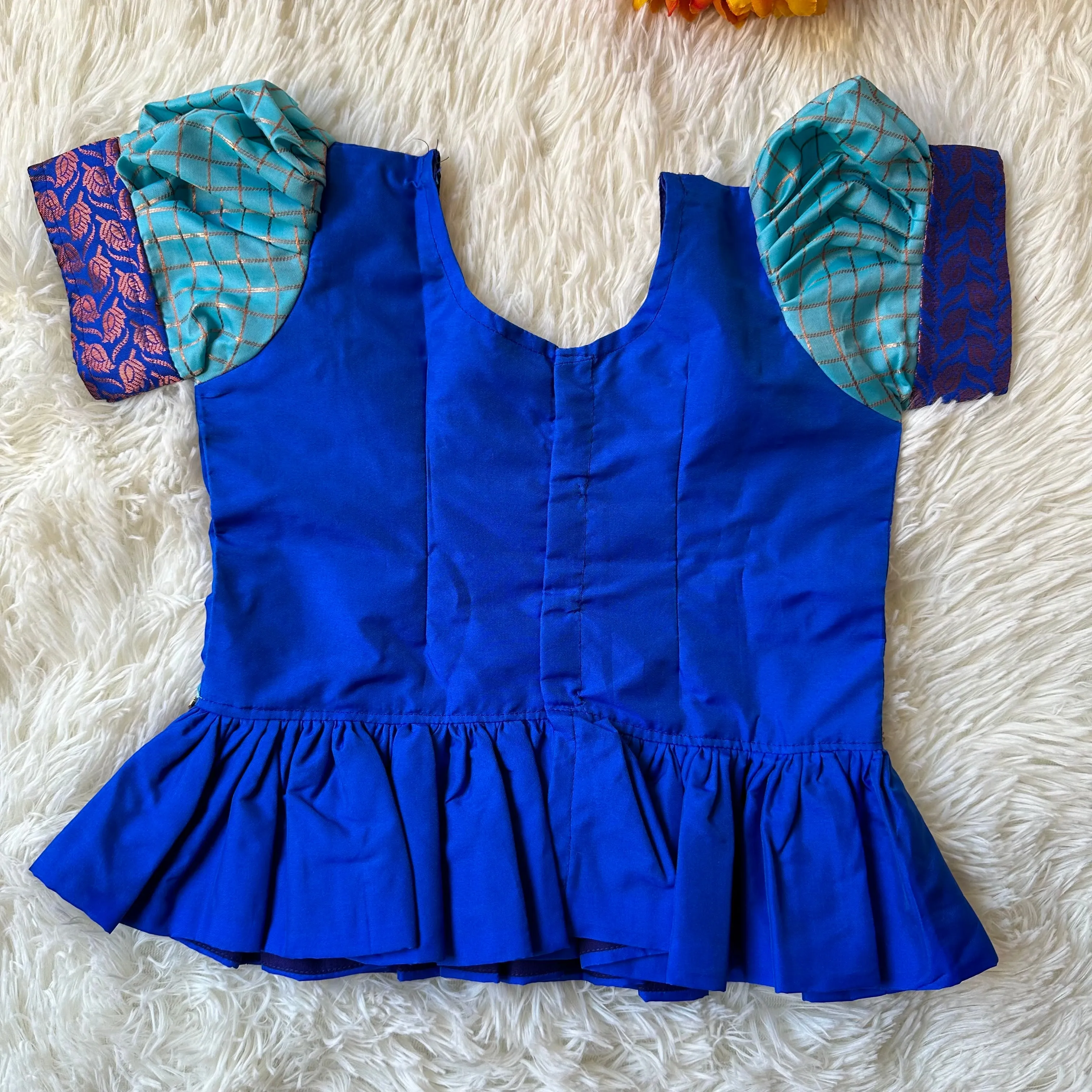Chic Comfort: Semi Silk Sky Blue Checked Skirt & Royal Blue Peplum Top