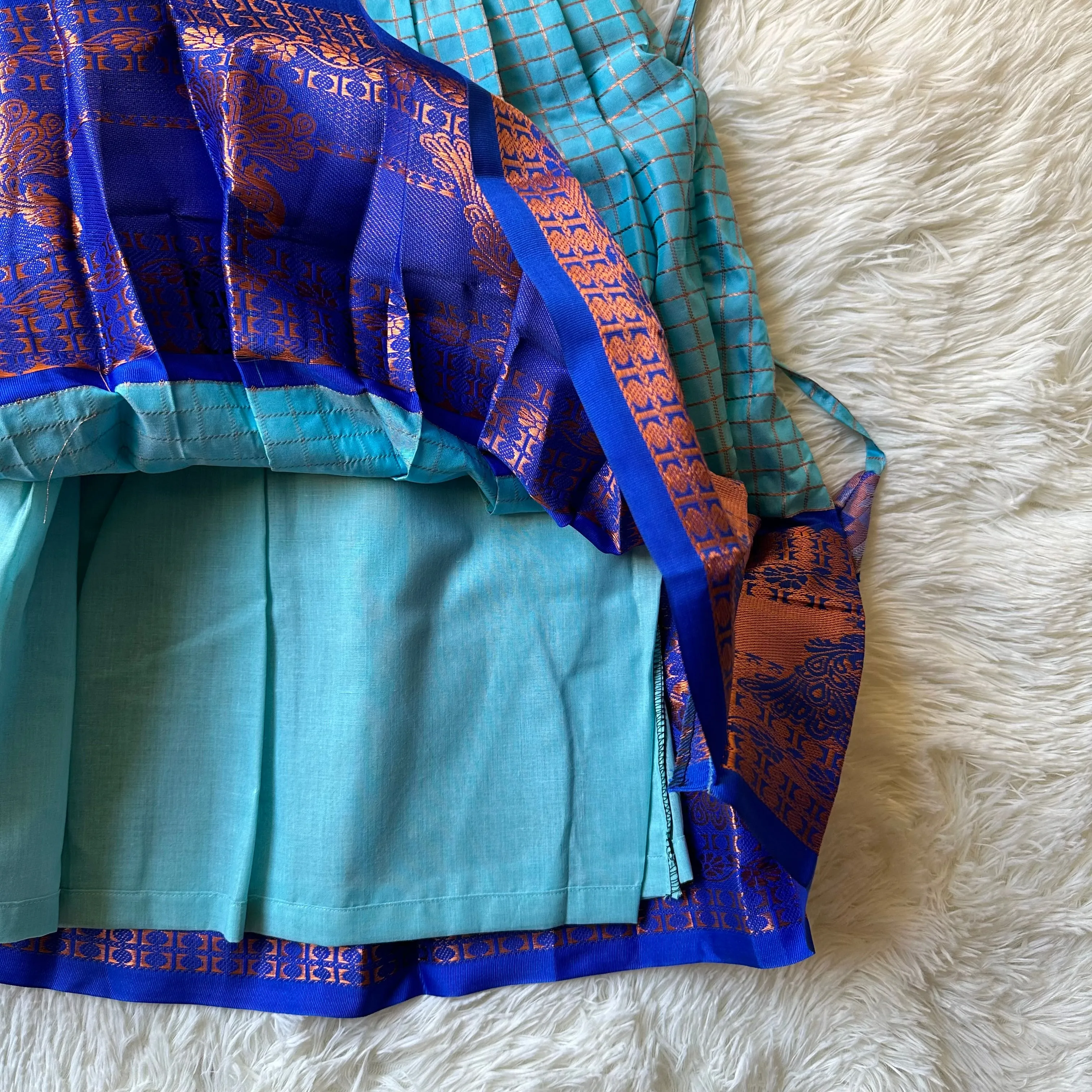 Chic Comfort: Semi Silk Sky Blue Checked Skirt & Royal Blue Peplum Top