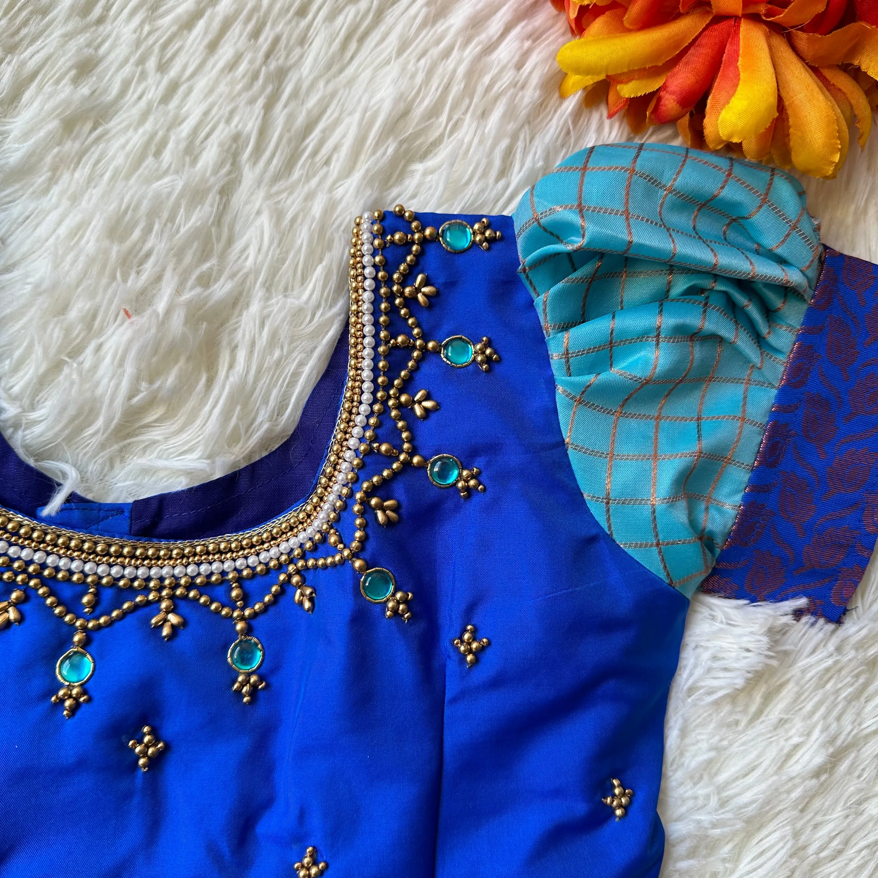 Chic Comfort: Semi Silk Sky Blue Checked Skirt & Royal Blue Peplum Top
