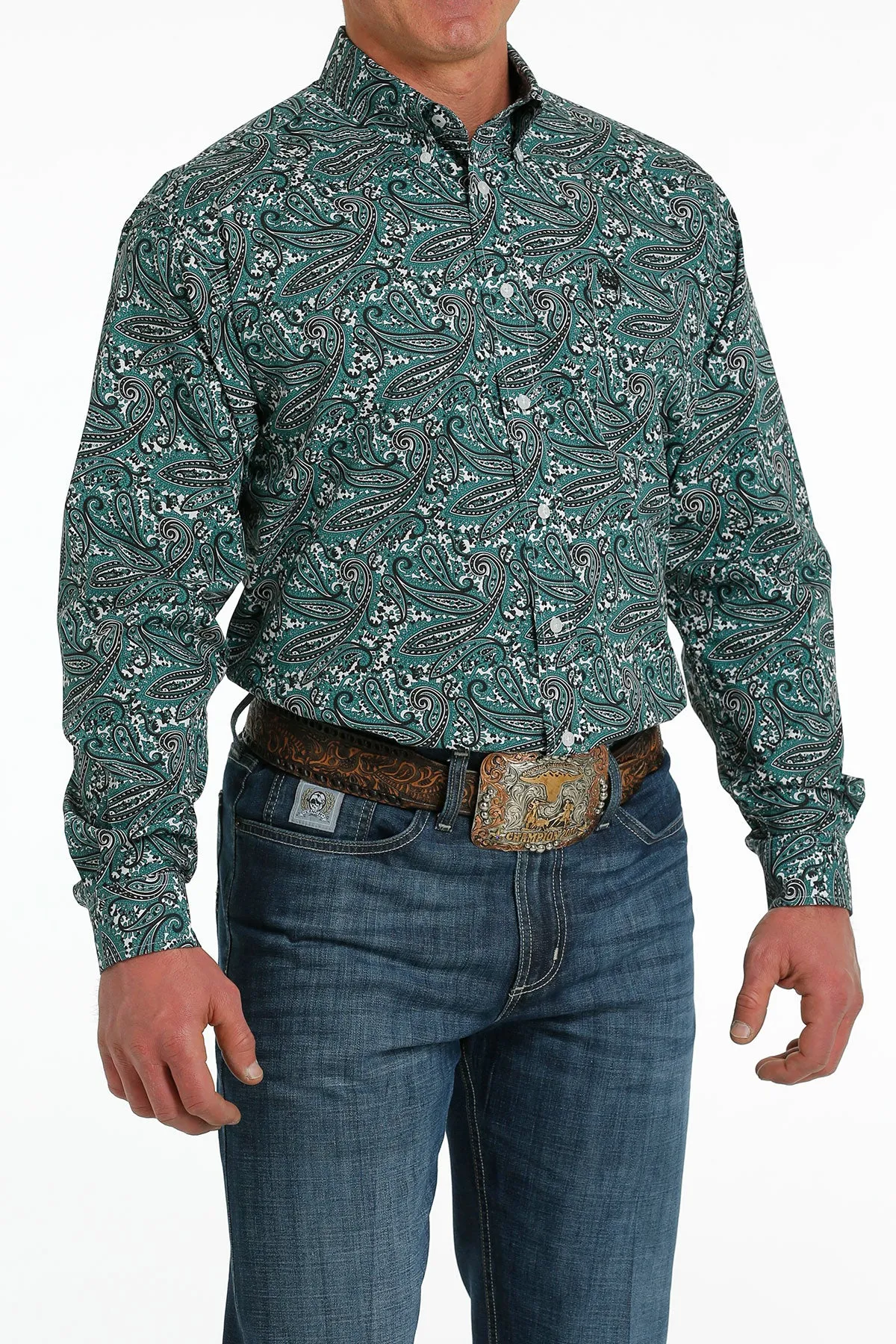 Cinch® Men's Teal Green Paisley Print Long Sleeve Snap Front Western Shirt
