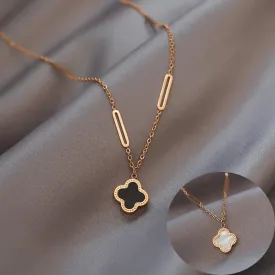Clover Paperclip Necklace in Gold with Black and White Pearl Charm