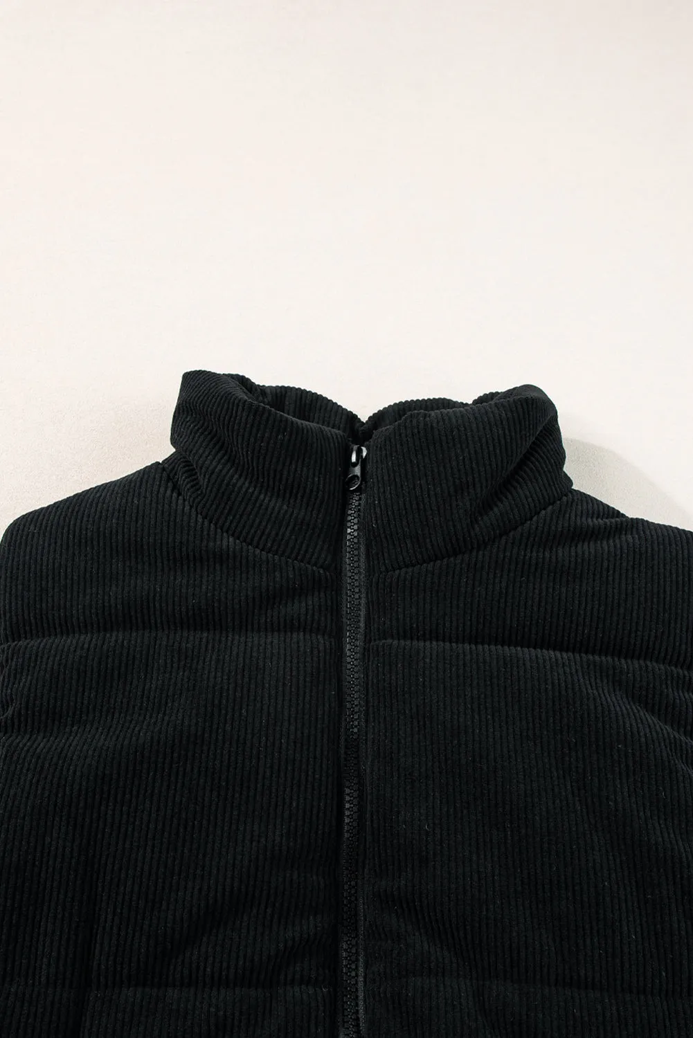 Coffee Corduroy Stand Neck Zipped Puffer Vest