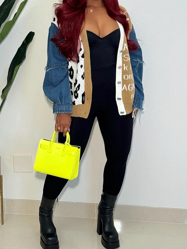 Denim Patchwork Letter Leopard Print Cardigan