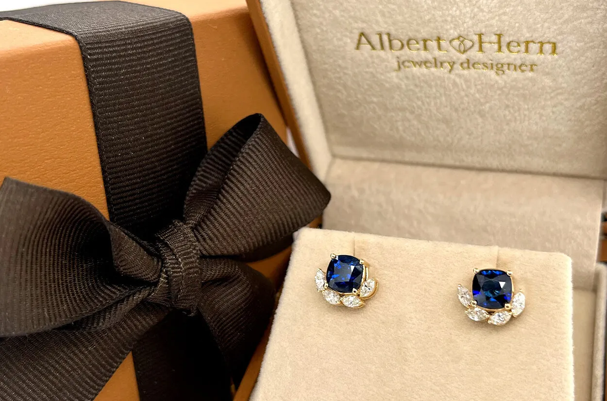 Earrings 18kt Gold Blue Sapphires & Marquise Diamonds Studs