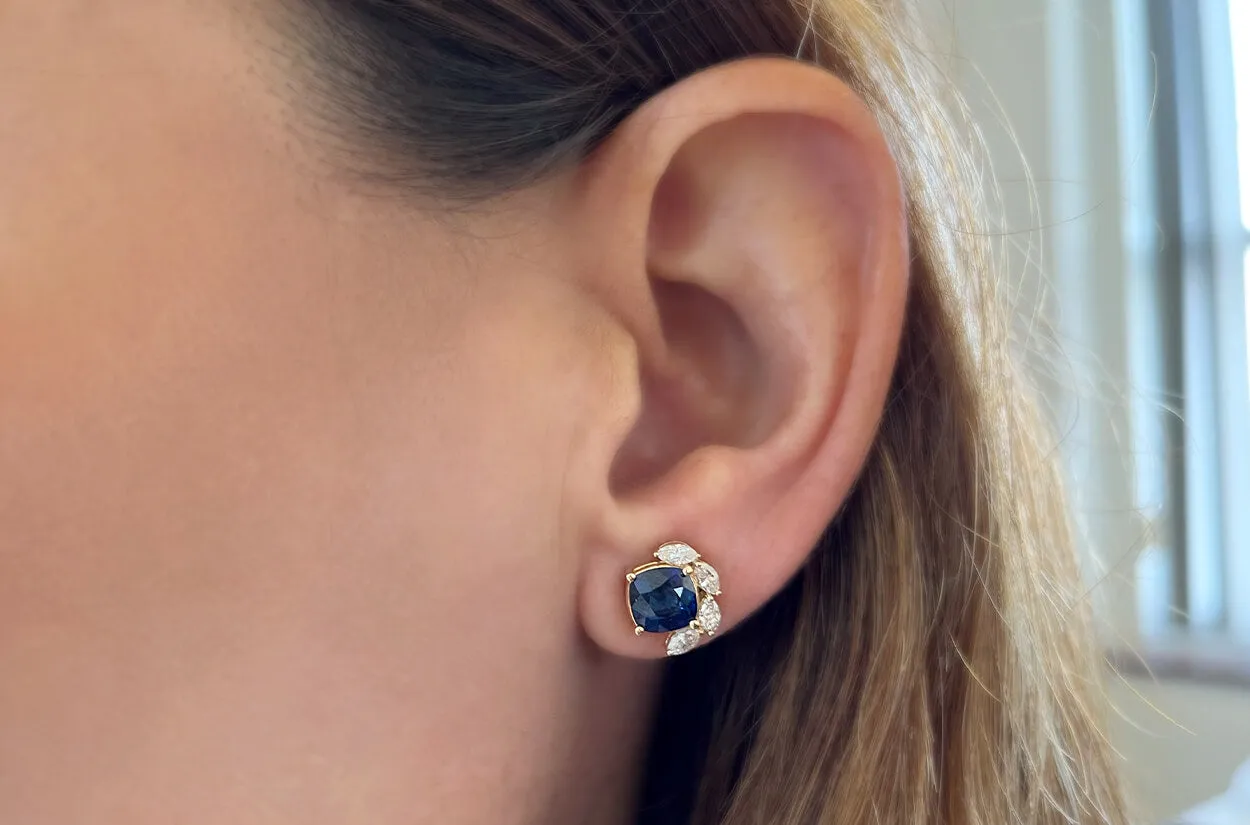 Earrings 18kt Gold Blue Sapphires & Marquise Diamonds Studs