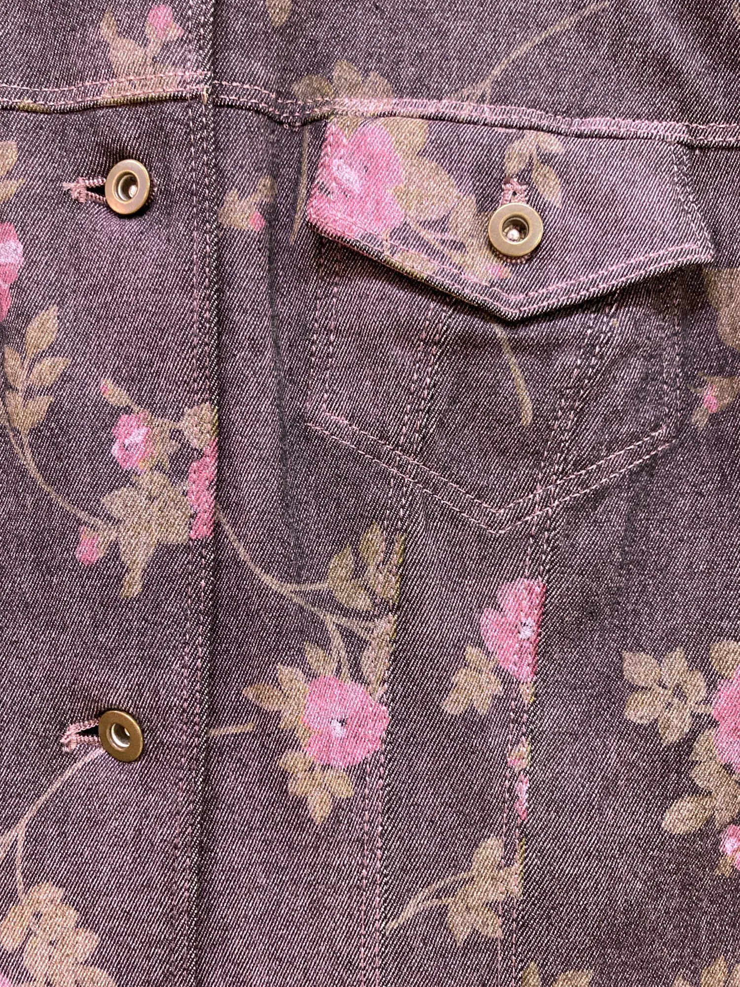 Evex by Krizia purple pink denim floral print trucker jacket jeans suit