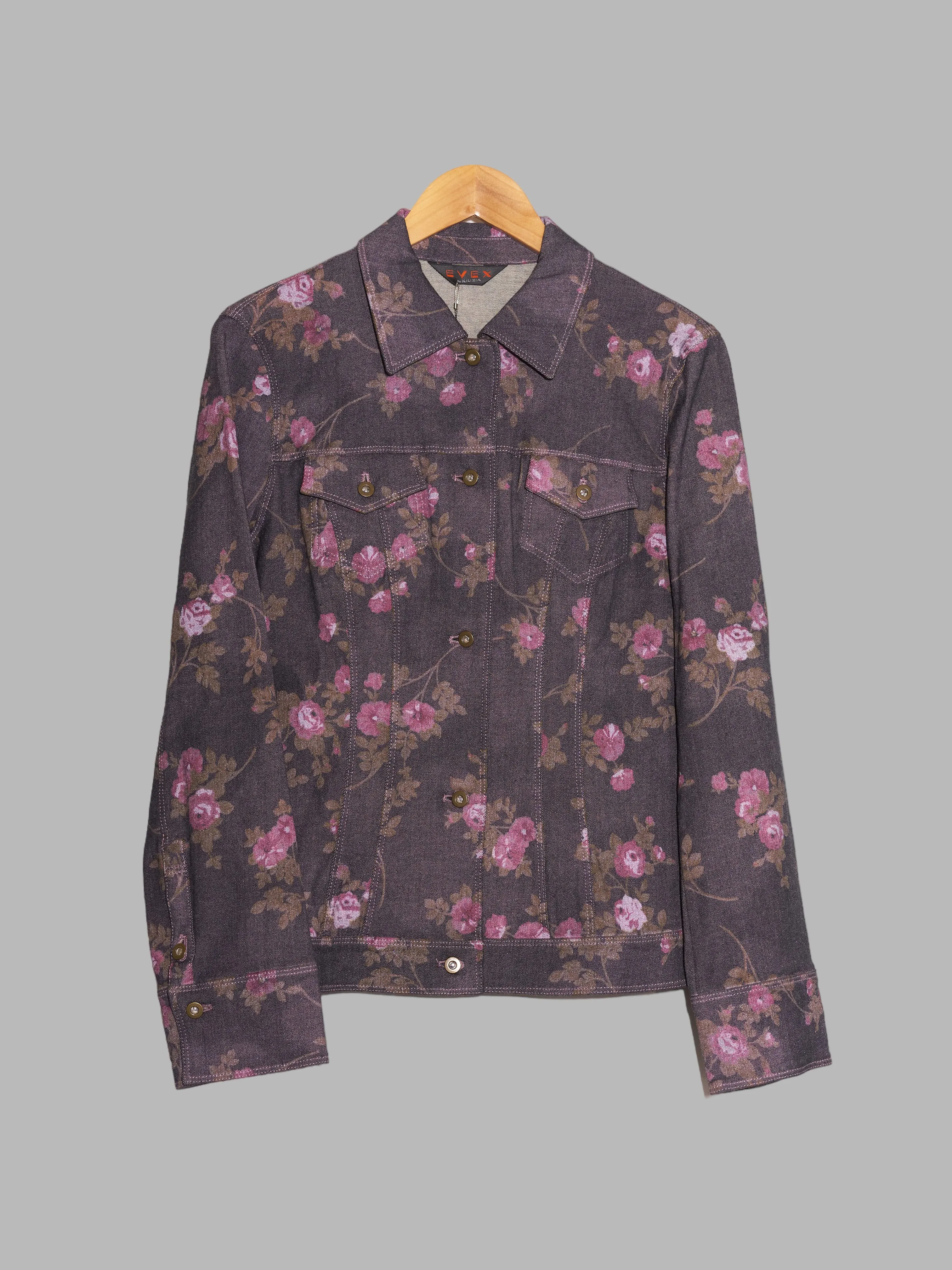 Evex by Krizia purple pink denim floral print trucker jacket jeans suit