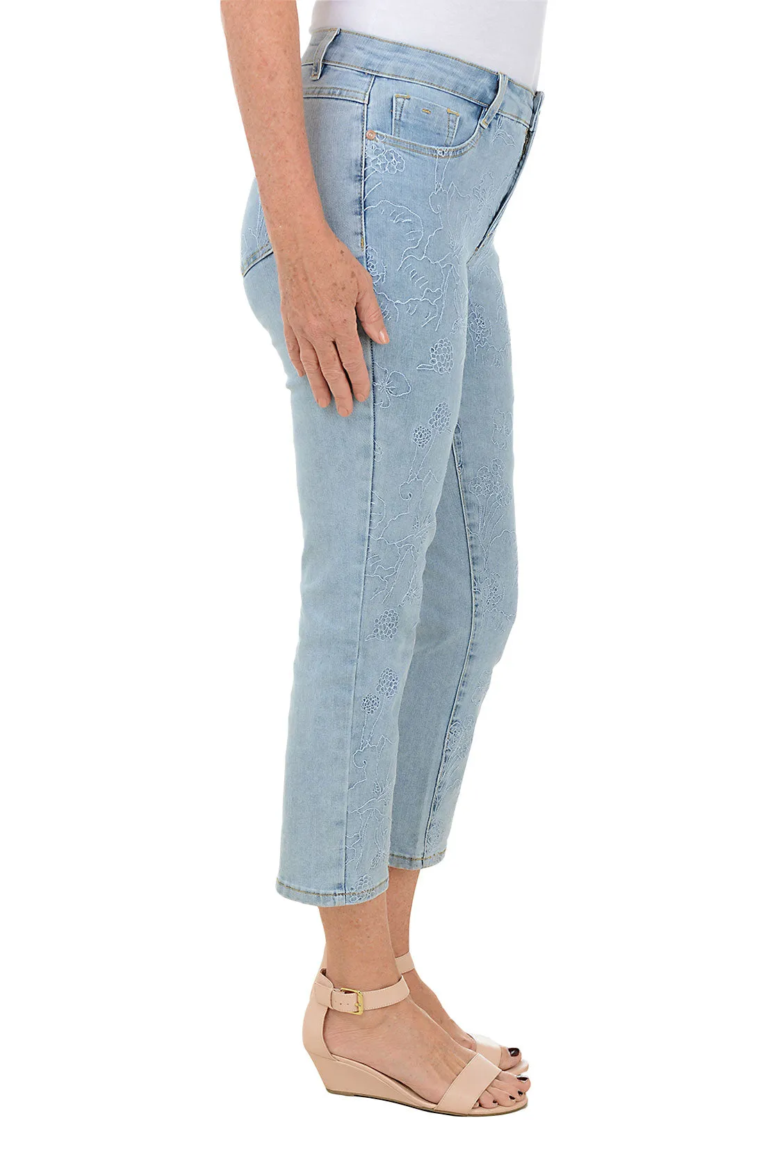 Floral Embroidered Denim Crop Pant