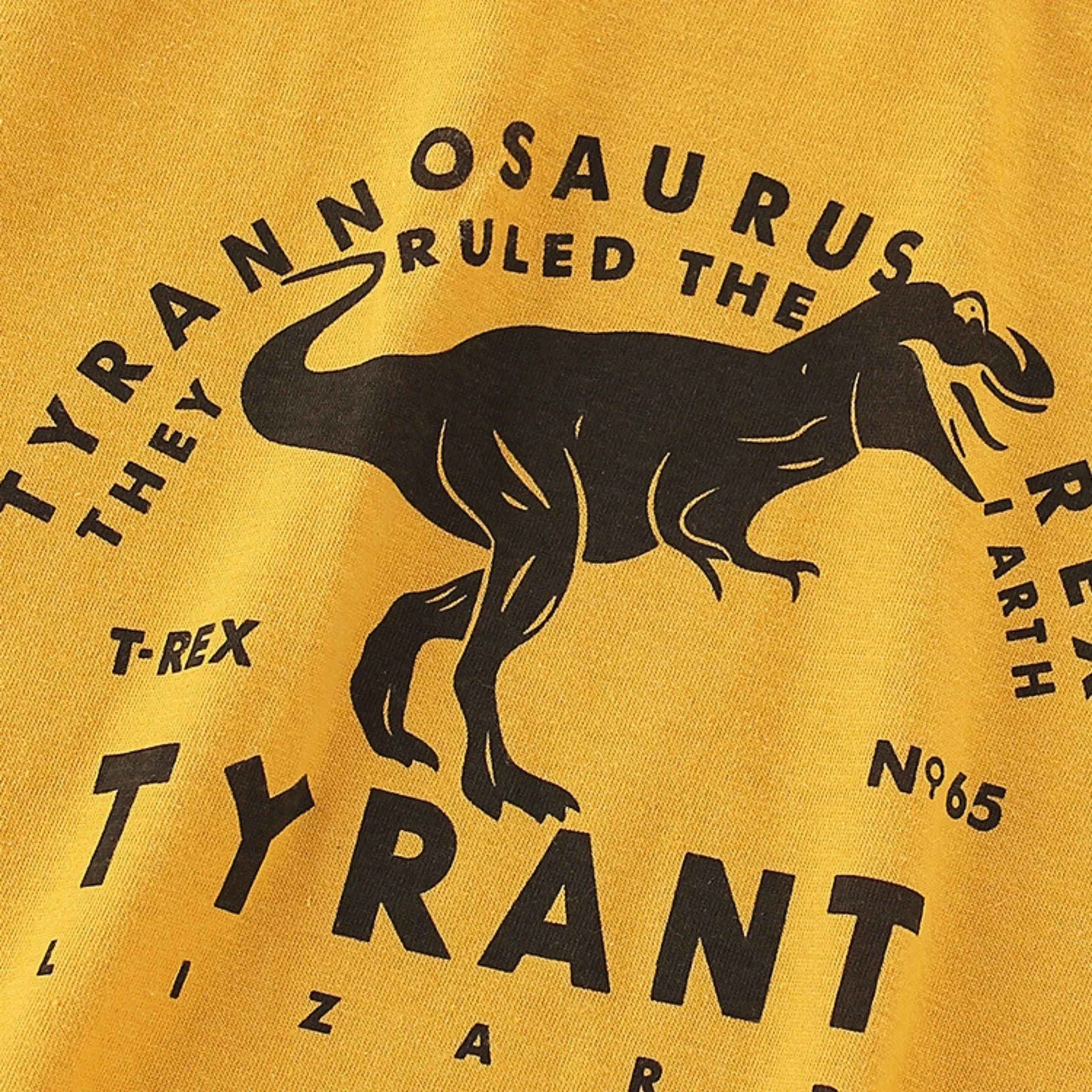 Full Sleeve Dino Print Boys T-Shirt, Mustard