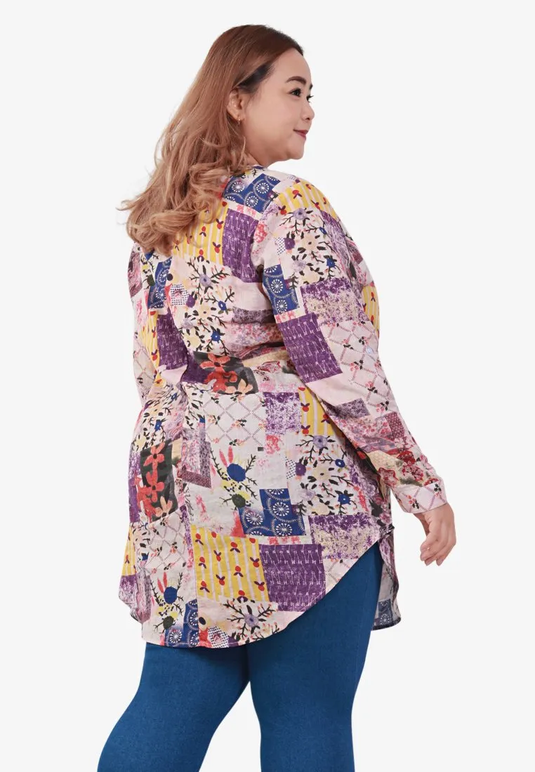 Greta Half Button Collarless Shirt - Purple Patchwork