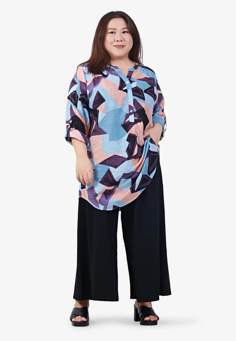 Greta Half Button Collarless Shirt - Purple Patchwork