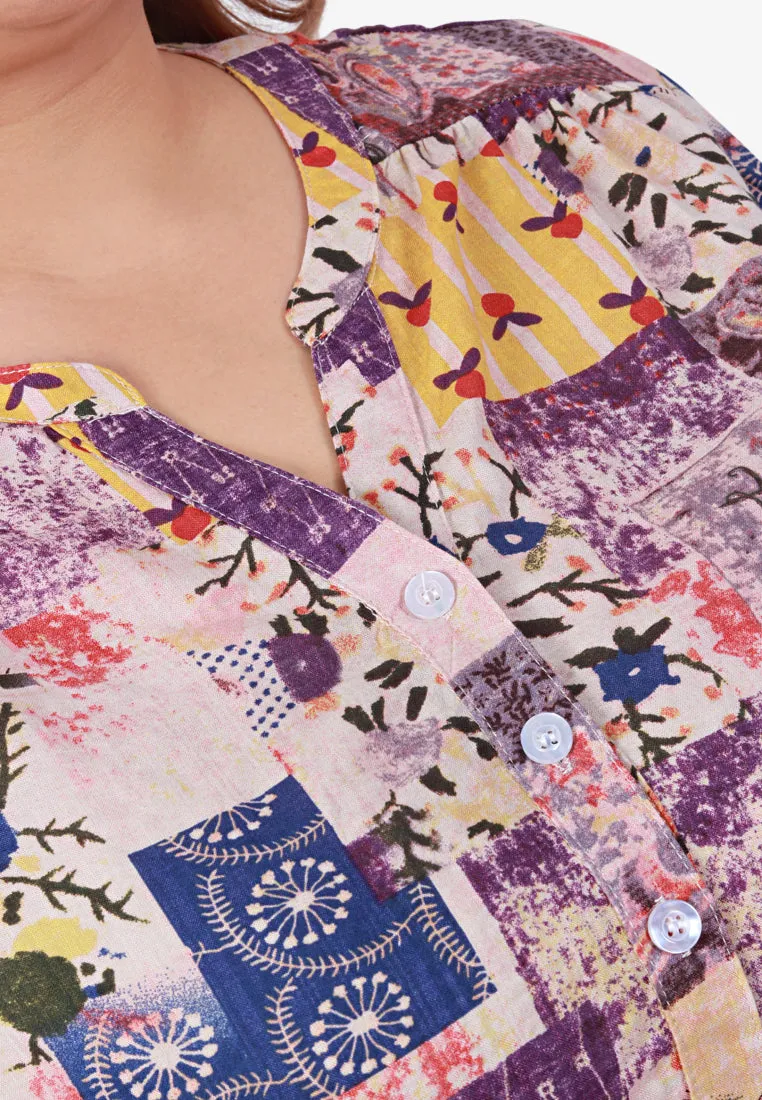 Greta Half Button Collarless Shirt - Purple Patchwork