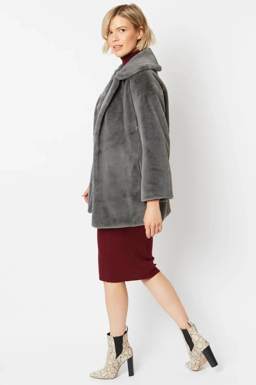 Grey Faux Fur Midi Coat