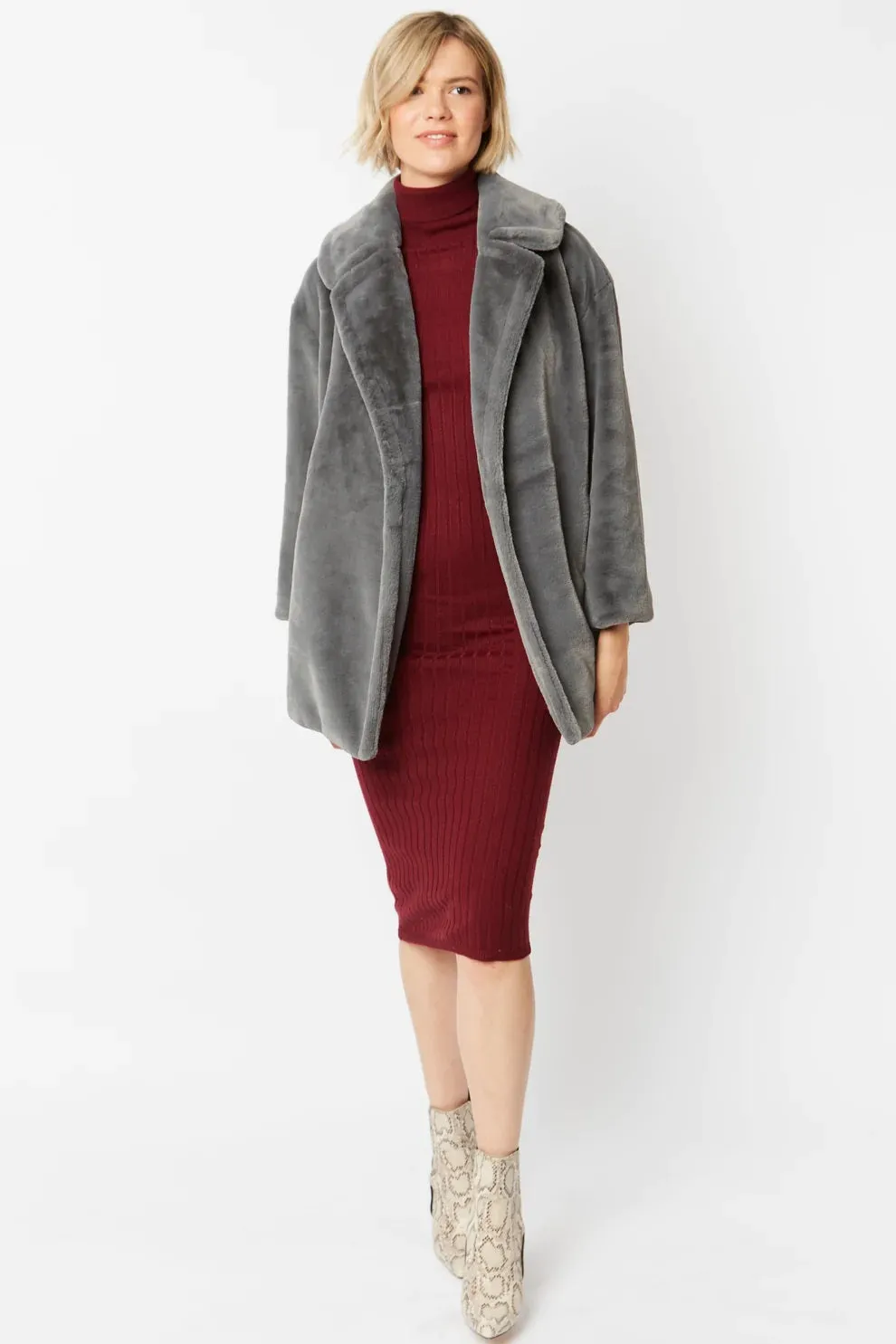 Grey Faux Fur Midi Coat