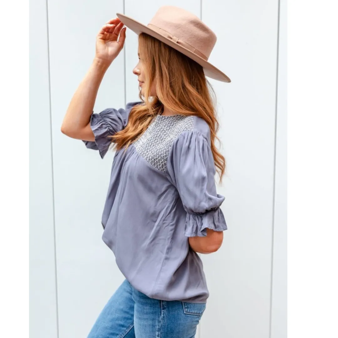 Half Sleeve Tie Back Top with Lace Overlay Accent