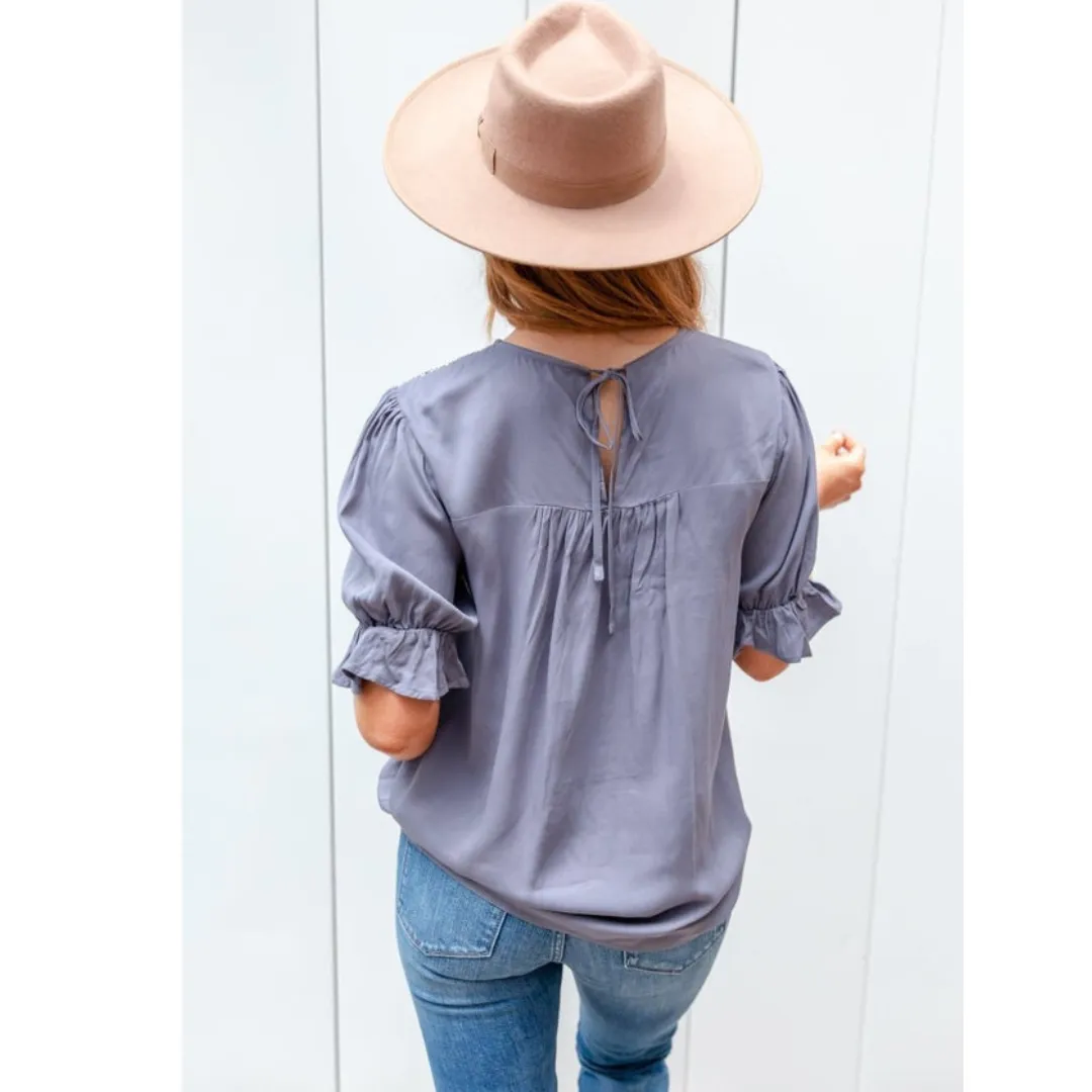 Half Sleeve Tie Back Top with Lace Overlay Accent