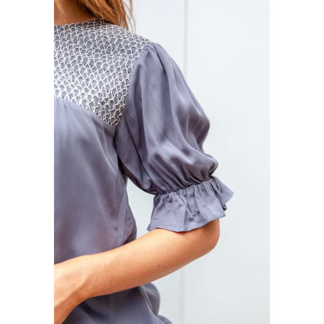 Half Sleeve Tie Back Top with Lace Overlay Accent
